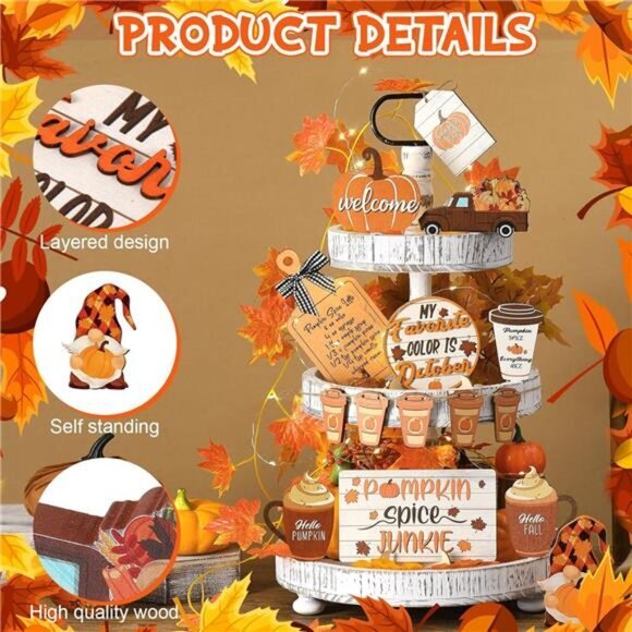 14 Pcs Fall Pumpkin Tiered Tray Drinking Coffee Rustic Farmhouse Home Decor Set - Picture 3 of 6